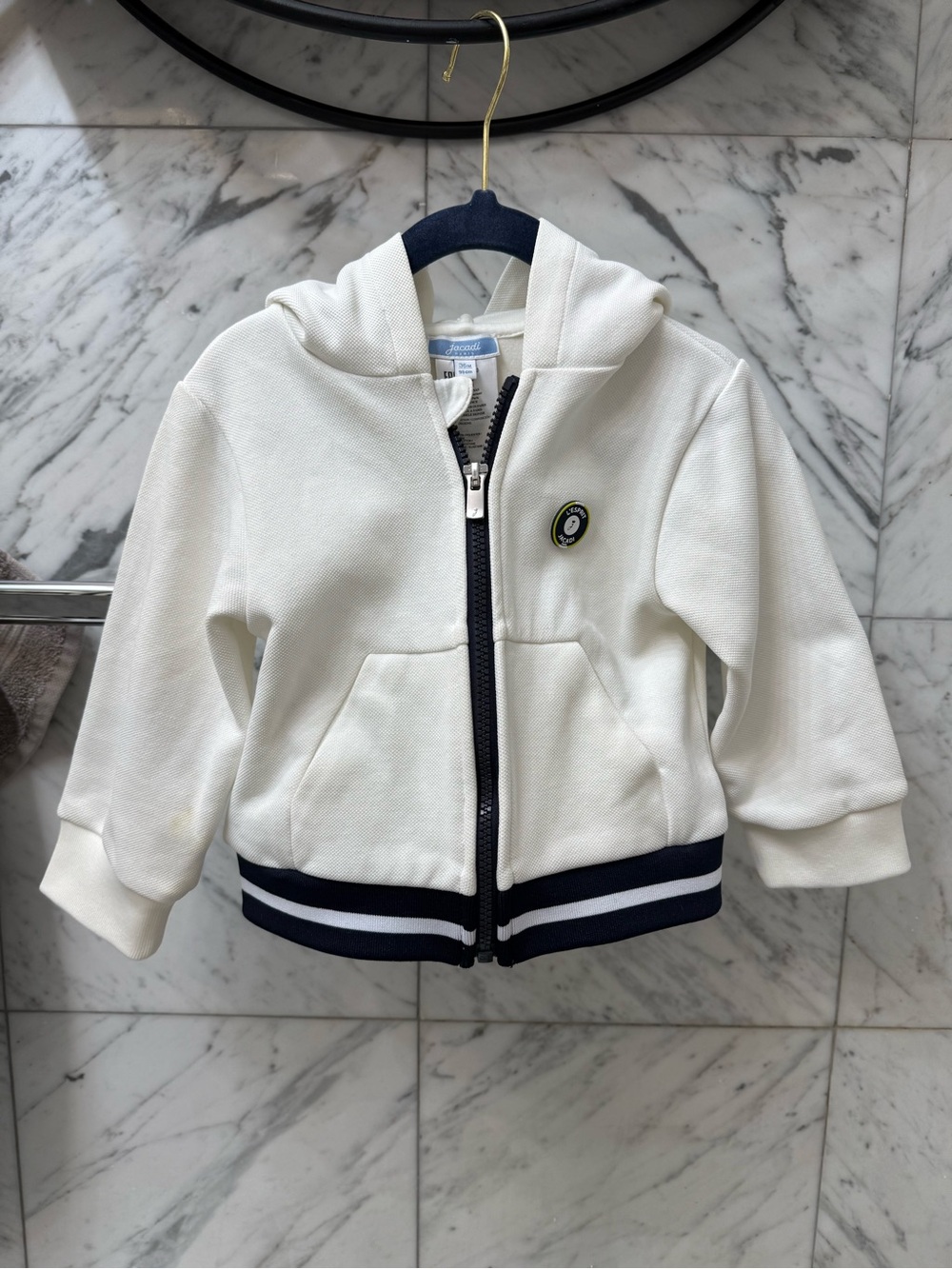 Jacadi White Hooded Zip Jacket with Navy Trim